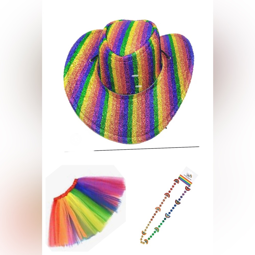 Adult Rainbow Cowboy Hat, Necklace and Tutu